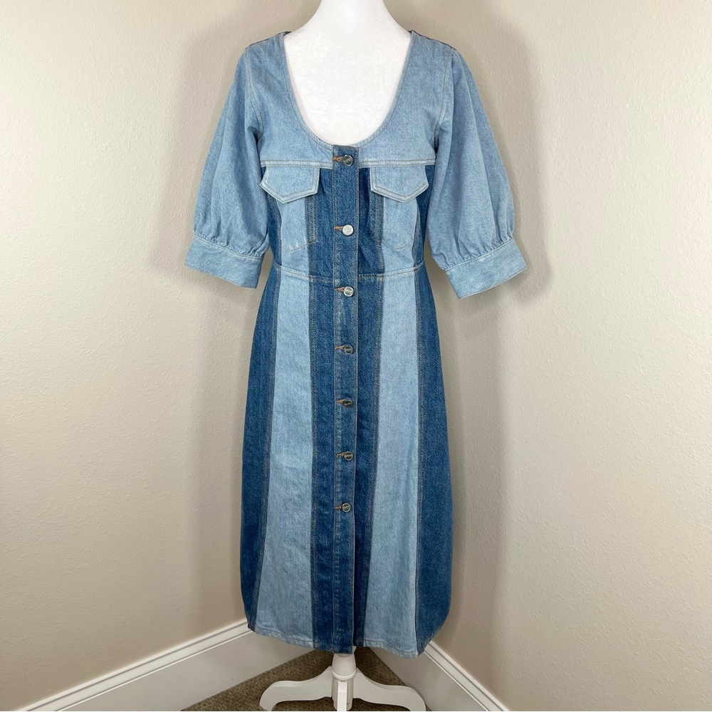 GANNI Cutline Bleach Two-Tone Blue Denim Organic Cotton Midi Dress EU 38 US6 - Picture 5 of 16